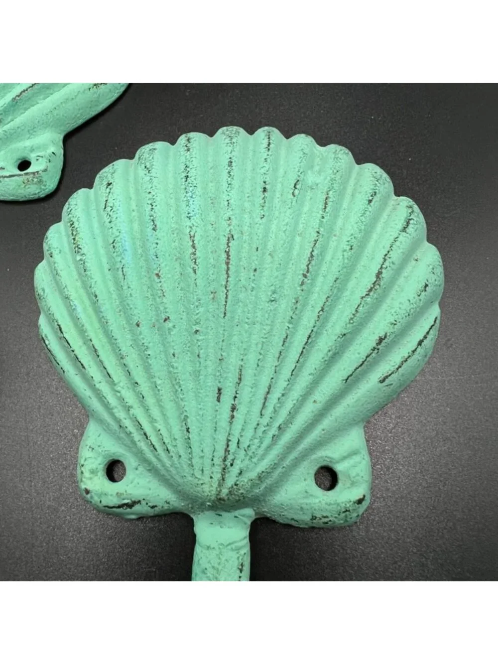 Cast Iron Shell Wall Hooks Distressed Aqua Green Coastal Nautical Set of 2 VTG